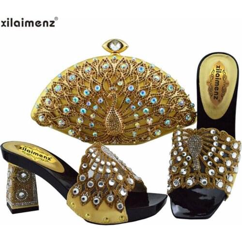 Peacock Design High Quality Shoes and Bag Set Decorate with Rhinestone 9 CM Super High in Gold Color Strange Style Slipper