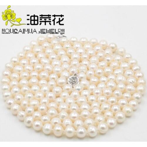 7-8mm White Freshwater Cultured Pearl Necklace Pearl Jewelry Rope Chain Necklace Pearl Bead Natural Stone 50inch (Min Order1)
