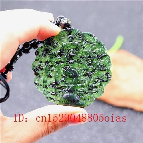 Chinese Natural Black Green Jade Peacock Pendant Beads Necklace Charm Jewelry Double-sided Carved Amulet Gifts for Men Her
