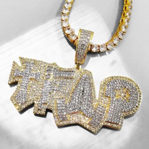 Iced Out Bling Letters TRAP Pendant Necklace Micro Pave Cubic Zircon Charm Necklaces Men Women Hip Hop Jewelry