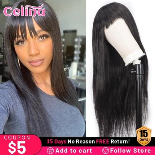 Celina Straight Hair Wig with Bangs Full Machine Made Brazilian Remy Hair 150% Density Straight Human Hair Wigs with Bangs