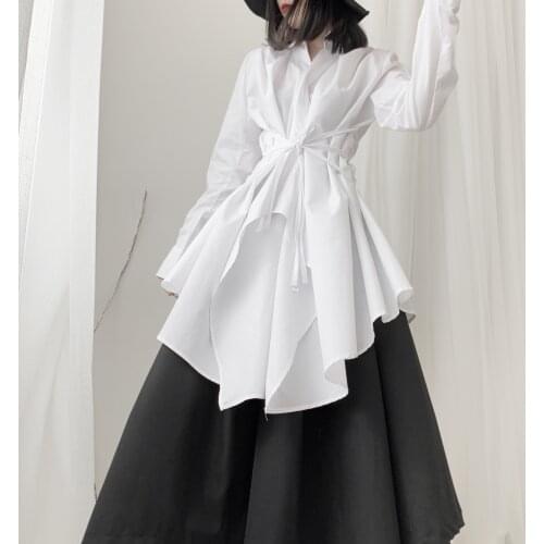 SuperAen Korean Style Original Design Fashion Shirt Womens Irregular Long Shirt Dress Womens Turn-down Collar Tops