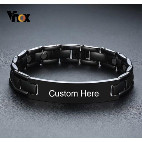 Vnox Customized Name Info Black Titanium Bracelets for Men Therapy Wristband Casual with tool