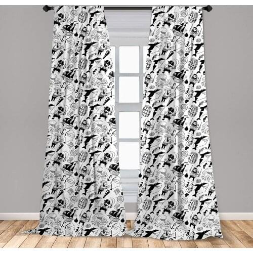 Pirates Curtains Black and White Pattern with Buccaneer Characters Sharks and Nautical Elements Window Drapes for Living Room