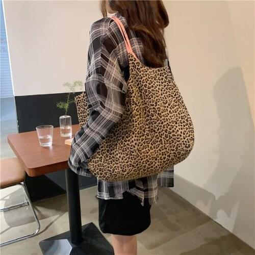Leopard Pattern Stitching Women Canvas Shoulder Bag Large Capacity Ladies Cloth Shopping Bags Girls Student Casual Tote Handbags