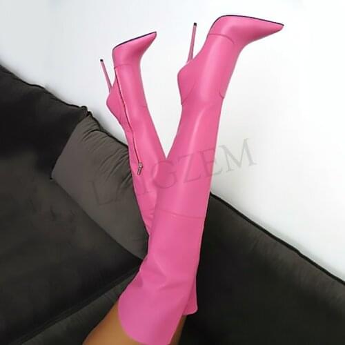 LAIGZEM 2020 Women Thigh High Boots Faux Leather Side Zip Stiletto Heels PINK Boots Botas Bottes Femme Mujer Big Size 34-47