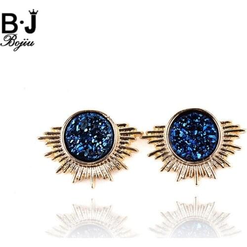 BOJIU Black White Pink Blue Corine Druzy Stone Stud Earrings For Women Gold Ear Studs Female Pendiente Mujer Moda Ear Nail EA057