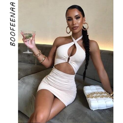 BOOFEENAA Sexy Halter Backless Bodycon Dress with Cutouts Party Club Outfits for Women Summer 2021 Bandage Mini Dresses C83-BC20