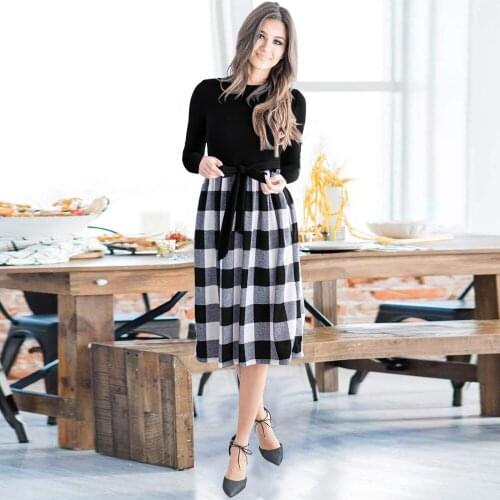 2021 Women Autumn Winter A Line Midi Dress O Neck Long Sleeve Plaid Leopard Patchwork Belt Lace Up Office Lady Dresses Vestidos