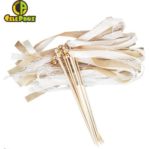 50Pcs Ivory Ribbon Wands Lace Fairy Sticks With Bells Wedding Twirling Streamers Wedding Ribbon Stick Noise Maker Party Supplies