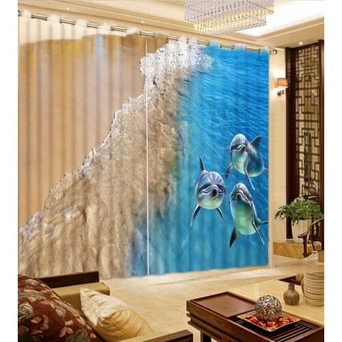 3D Curtain Blackout Shade Window Curtains Photo Customize Size Beach Wave Dolphin Curtain Blue Curtain