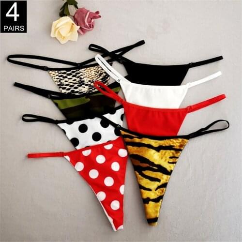 4 Pcs Sexy Women Cotton G String Thongs Low Rise Female Underpants Printed/Solid Ladies Seamless Underwear