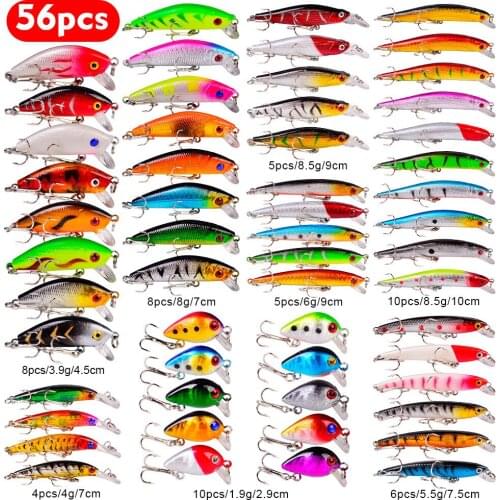 56 pcs/lot New Lifelike Fishing Lure Set Mixed Soft Hard Multicolor Minnow Baits Fishing Tackle Artificial High Quality Lure Kit