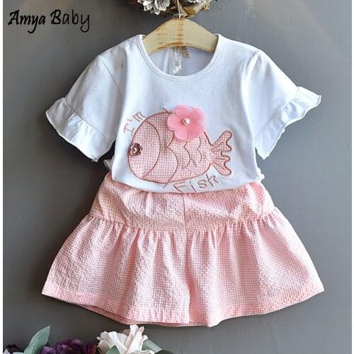 Amya Baby Girls Summer Outfits 2020 Plaid Cartoon Fish Print Tops Short Pants 2pcs Korean Clothes School Kids Clothing Sets