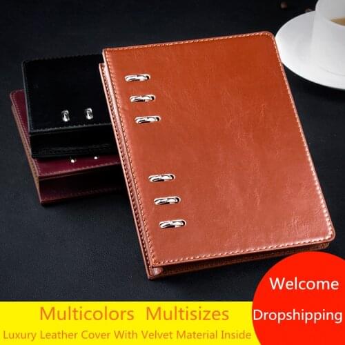 A5 A6 Brown Leather Hardcover Executive Journal Notebooks Ring Binder Custom Logo Diary Organizer Planner With Velvet Inside