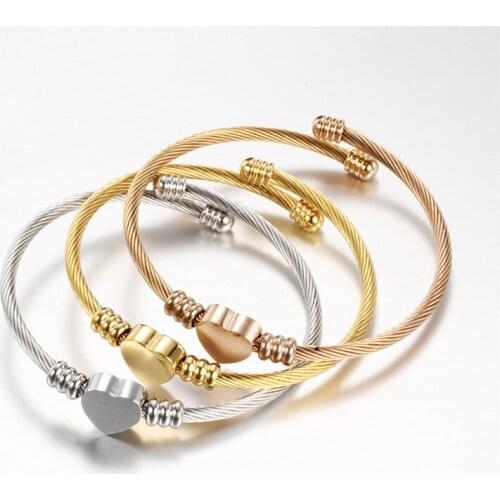 Mling Gold Stainless Steel Bracelets For Women Twisted Cable Wire Heart Charm Bracelet Bangle Jewelry Mothers Gifts bileklik
