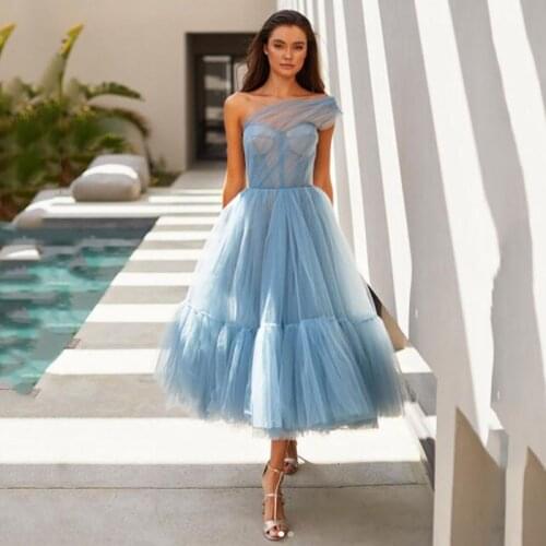 Tea-Length Cocktail Dresses 2021 Dusty Blue One Shoulder Pleat Ruched Elegant A-Line Short Party Evening Gown Tulle Custom Made