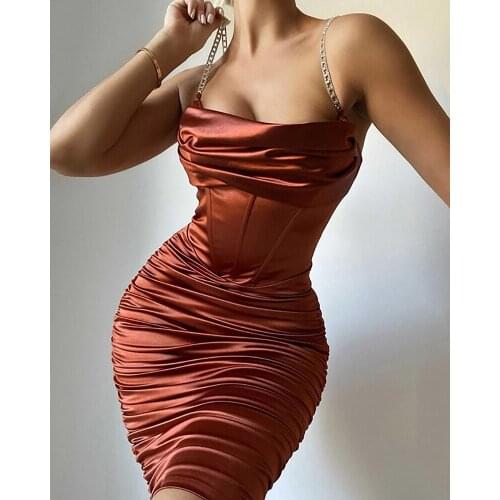 Sequined Chain Straps Elegant Satin Bodycon Ruched Corset Dress Party Club 2021 Sexy Summer Women Backless Sleeveelss Mini Dress