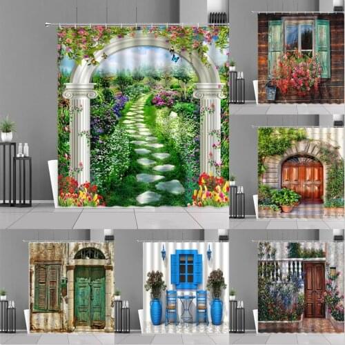 European Garden Scenery Shower Curtain Old Vintage Wood Door Flowers Plant Landscape Bath Curtains Retro Nordic Home Decor Cloth
