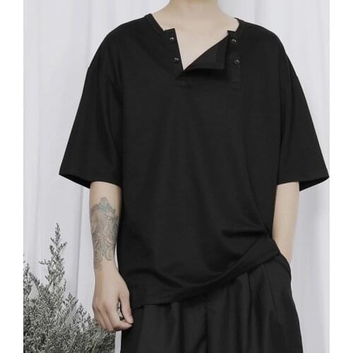 Original mens 2021 new t-shirt mens summer short sleeve shirt Japanese minority double breasted loose short sleeve T-shirt