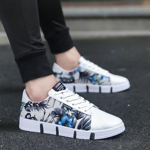 Fashion Mens Casual Shoes Flower Printed Lace-up Sneakers Mens Flats Canvas Shoes Outdoor Breathable Walking Vulcanized Shoes