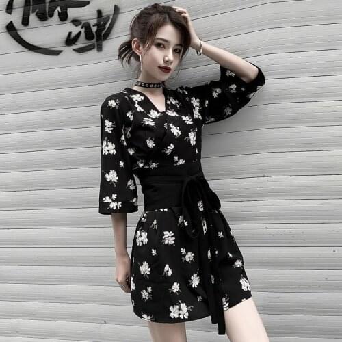 Japanese Retro Style Kimono for Ladies Summer Floral Print V-Neck Lacing Slim Thin Chiffon Yukata New Tender Girls Style Dress