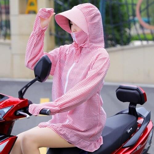 Summer Women Female Long Sleeve Riding Sunscreen Outwear with Mask Hooded Motobike Riding Sunproof Outwear Striped Chiffon Shirt