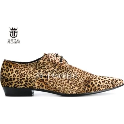 New design FR.LANCELOT real leather shoe leopard print cow suede men casual shoes lace up flats fashion brand pointed toe shoes