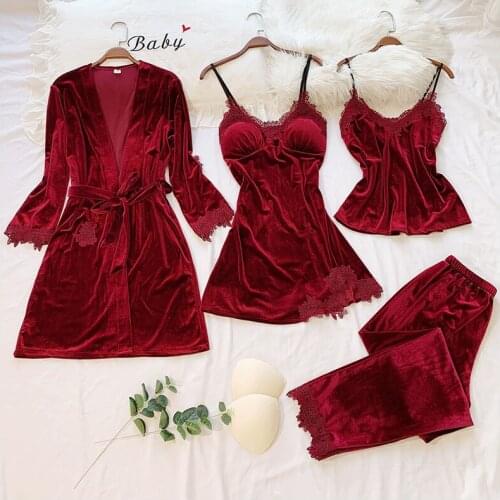 New Sexy Lace Sleepwear Womens Robe Gown Set 4 Pcs Nightwear Female Home Clothes Gold Velvet Nightwear Warm Winter Sleep Set