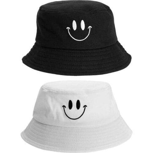1PC Women Smile Face Embroidery Bucket Hat Outdoor Fishing Sunscreen Bucket Hat
