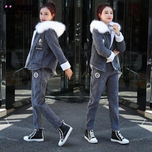 Casual Thicken Lambswool Corduroy Hooded Jacket Set New Winter Warm Fur Collar Parker Coat+Elastic Waist Long Pants 2 Piece Suit