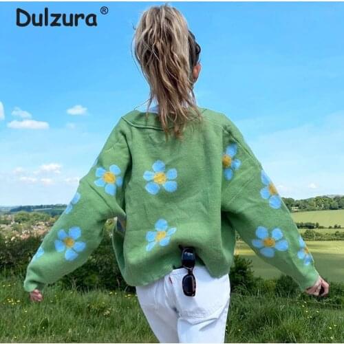 Harajuku Girls Sweet Green Flower Cropped Cardigan Women Oversized Batwing Sleeve Sweater Knitwear Autumn Winter Warm Knit Coats