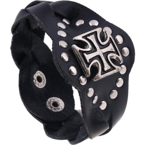 Unique Punk Men Black Cross Leather Bracelet Cuff Casual Vintage Wide Charm Rivet Bangle Buckle Wristbands Biker Fashion Jewelry