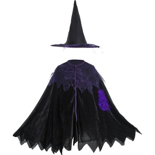 Unisex Kids Halloween Purple Spiderweb Witch Wizard Cloak Cape Hat Costume for Holiday Cosplay Fancy Dress Party Supplies
