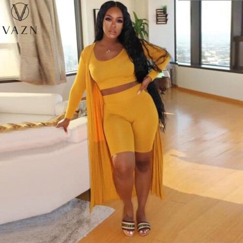 VAZN 2021 Spring Plus Size High-end Daily Sweet Solid Full Sleeve X-Long Cloth Knee Length 1 Piece Underwears Women 3 Piece Set