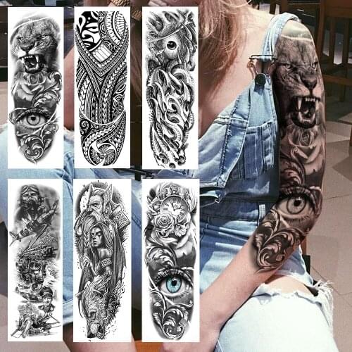 Large Size Full Arm Temporary Tattoos Sticker For Women Men Realistic Fake Black Lion Eyes Warrior Clock Sleeve Body Art Tattoos