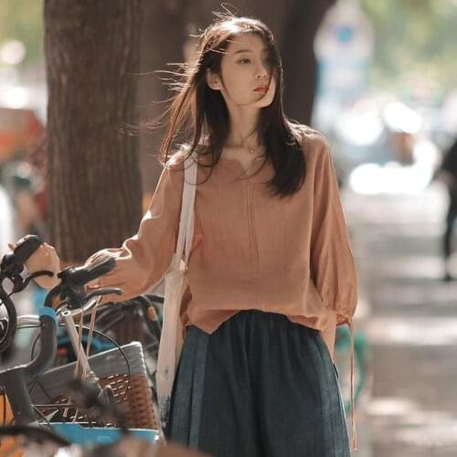 2020 Spring Summer Women 3/4 Sleeve Loose V-neck Shirt 100% Linen Solid Casual Blouses Femme Purple Tops High Quality M249