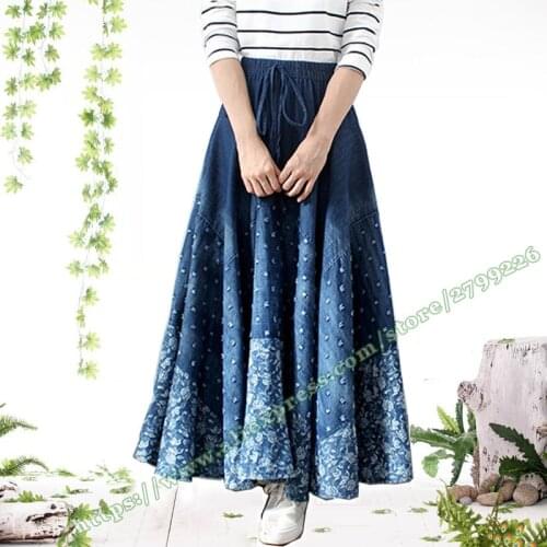 2019 Spring and Summer Farmhouse Casual Vintage Retro Hole Floral Worn Big Hem Pleated Jeans Denim Female Plissee Skirt Women
