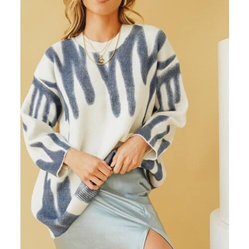 Women Print Multi Striped Knitted Sweaters Oversized Pullovers Long Sleeve O neck Loose Sweater Streetwear Warm Outerwear 2021