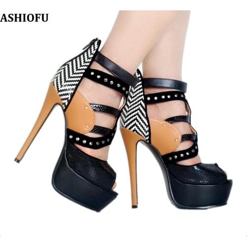 ASHIOFU Handmade New Womens Sandals Patchwork Leather Rivets Spikes Sexy Peep-toe Platform Sandals Fashion Evening Club Shoes