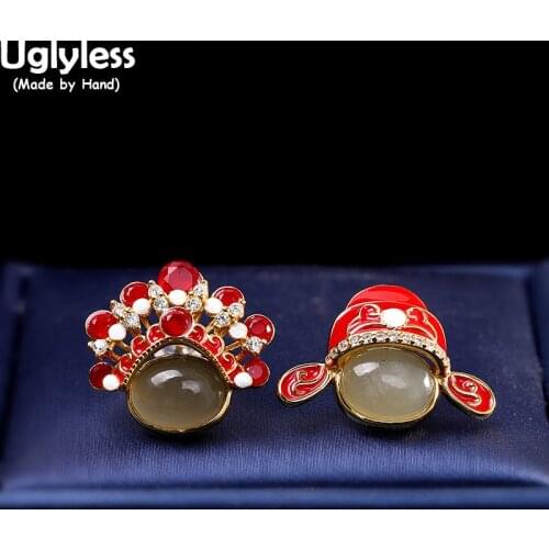 Uglyless China Quintessence Peking Opera Earrings Women Jade Hua Dan Bridegroom Bride Marriage Jewelry for Couples 925 Silver