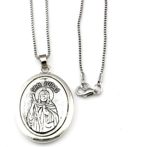 1Pcs / Lots San Judas Tadeo Ruega Por Nosotros Alloy Charms Pendant Necklaces Jewelry DIY 23.6 Inches Chains A-561d