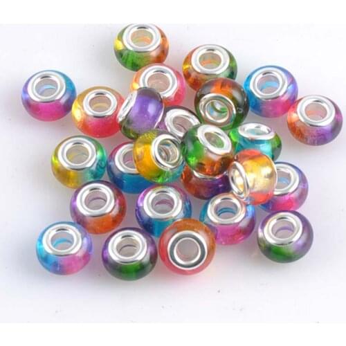 14mm Silver Big Hole Resin Flat Round Charms Beads Iridescence Fit European Braclet DIY 10PCS YKL0516X