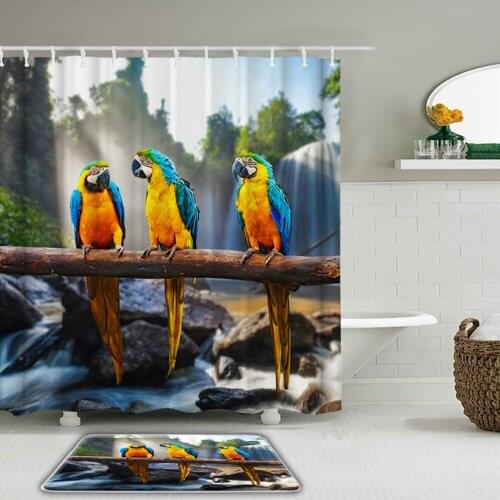 2Pcs/Set Parrot Birds Shower Curtains Set With Hooks Bathroom Waterproof Bath Curtains Non-slip Mat Toilet Decor Bath Mat
