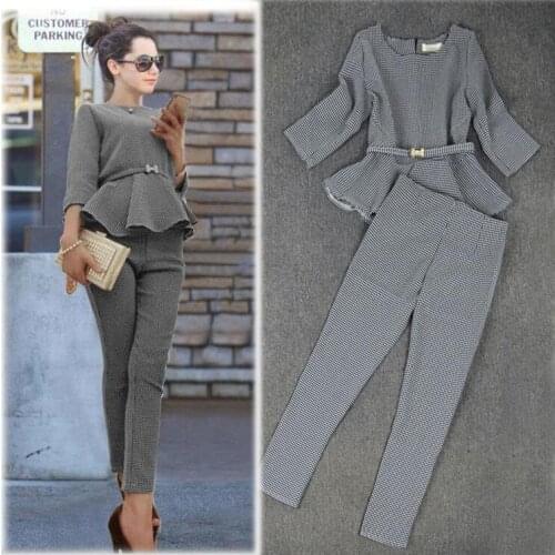 2020 New Womens Business Pants Sets Two-piece set O-neck Pattern Ruffles belt slim tops trousers suit For female Spring outfits