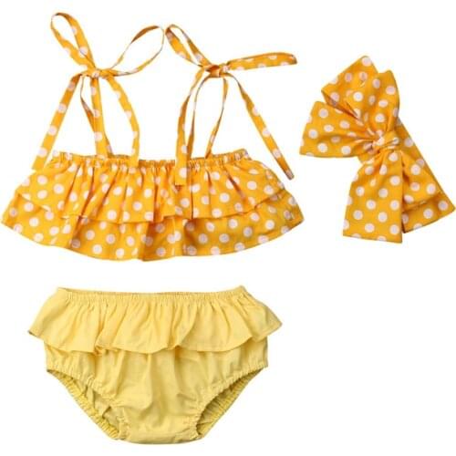3Pcs Kids Baby Girls Bikini Sets Polka Dot Shoulder Straps Tie Crop Tops Ruffle Panty Bow Headband Swimsuit Swimwear 1-6Y