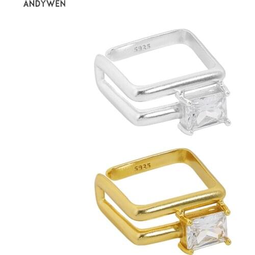 ANDYWEN 925 Sterling Silver Gold Plain Resizable Rings Irregular Geometric Adjustable One Zircon Women Crystal Jewelry Luxury