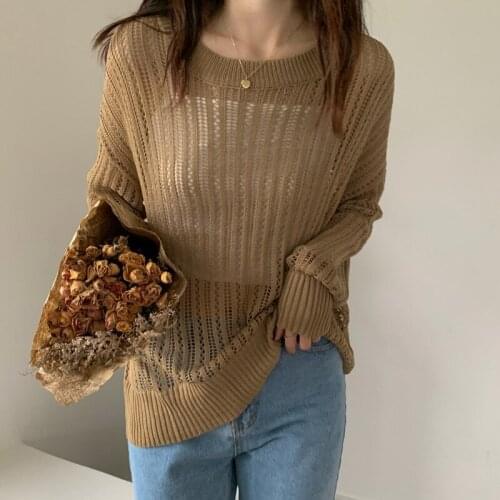 White Blouse Women Autumn Chic Korean Style Retro Hollow Out Sunscreen Sweater Long-sleeved Women Thin Loose Lady Tops 15723