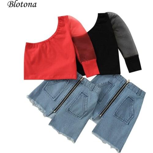 Blotona Stylish 2Pcs Kids Summer Outfits, Baby Girl Mesh Sleeve One Shoulder T-shirt+Irregular Zipper Design Denim Skirt, 18M-6Y