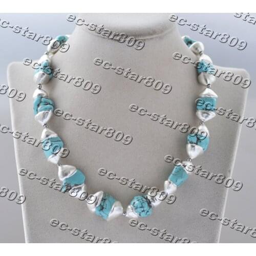 Z11166 18" 26mm Blue Baroque Turquoise Bead Silver Plating Necklace Choker